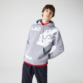 Lacoste Lacoste LIVE Loose Fit Hooded Print Fleece Sweatshirt Pánské - Mikiny Šedé / Bílé | CZ-IPUCE